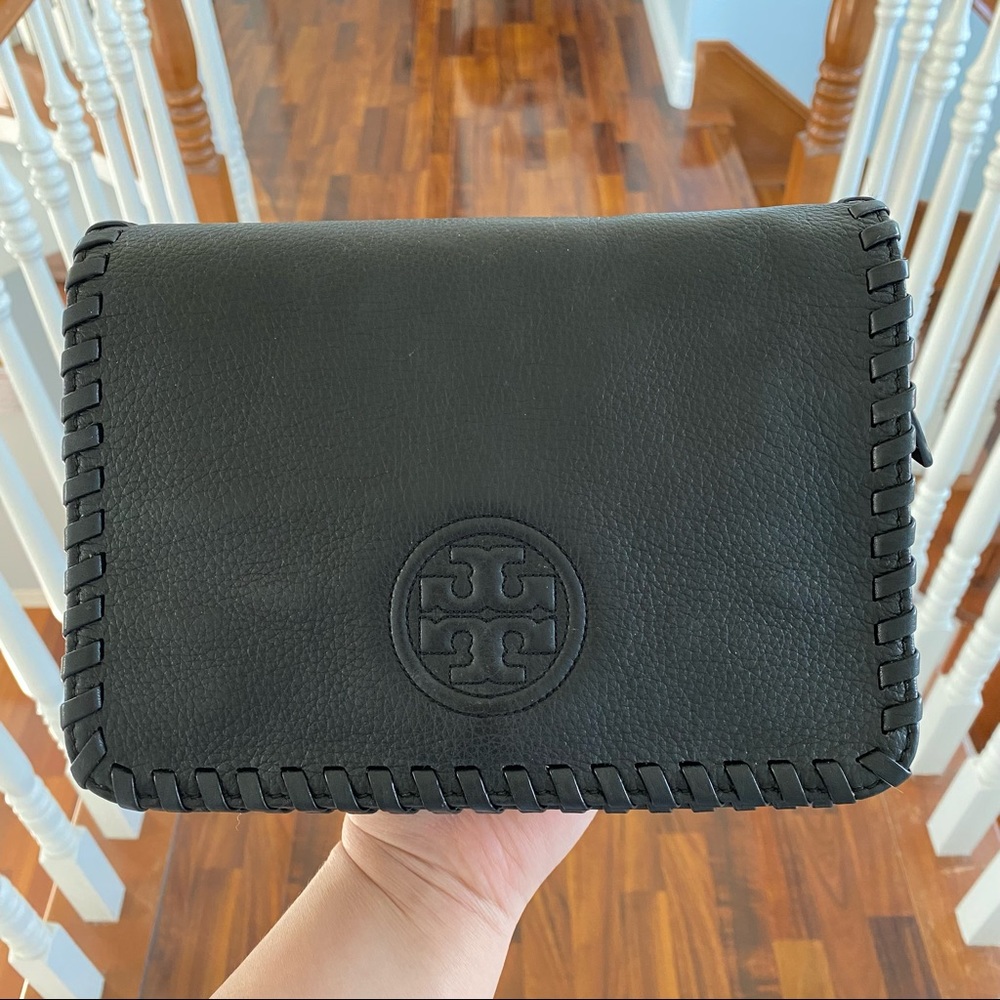 Tory Burch Marion Leather Whipstitch Black Crossbody Bag